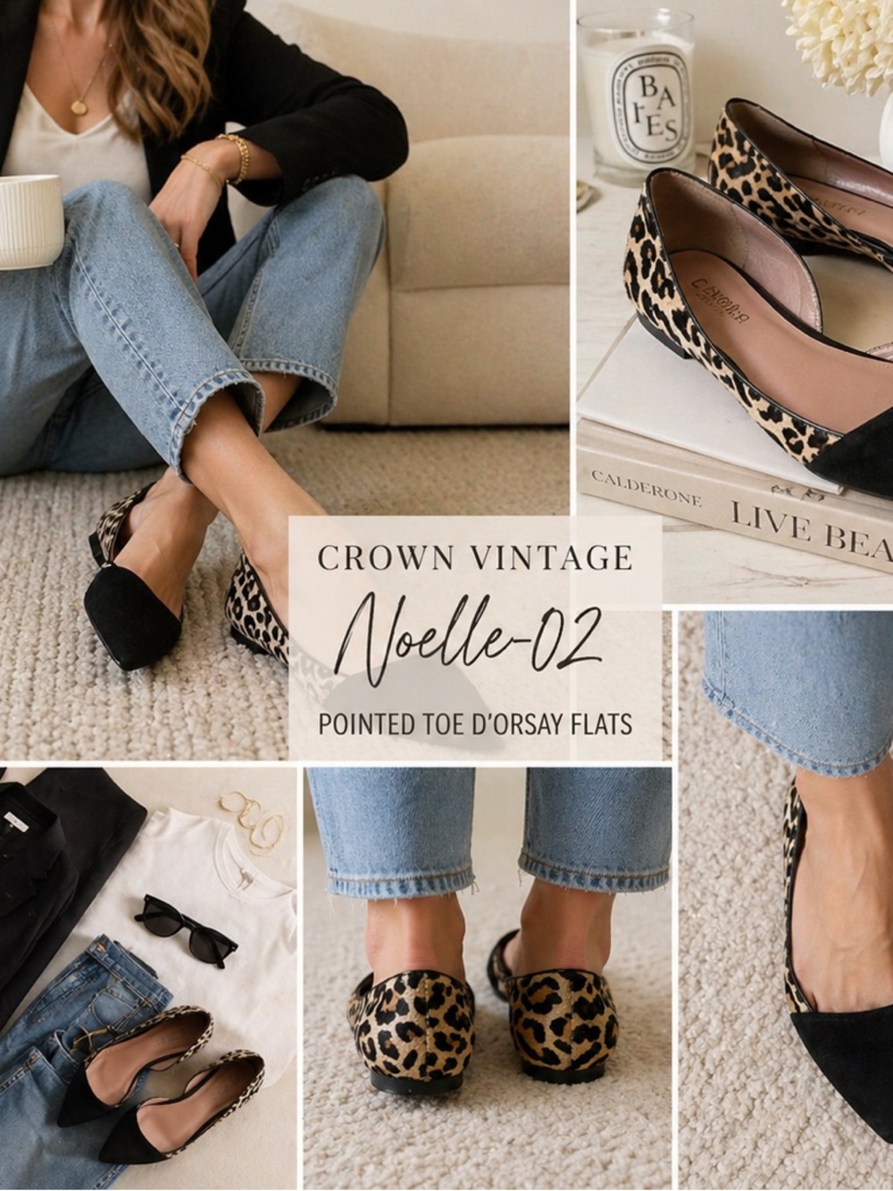 Crown Vintage Flats 6M Black Suede Noelle Leopard Calf Hair Pointed Toe D’Orsay